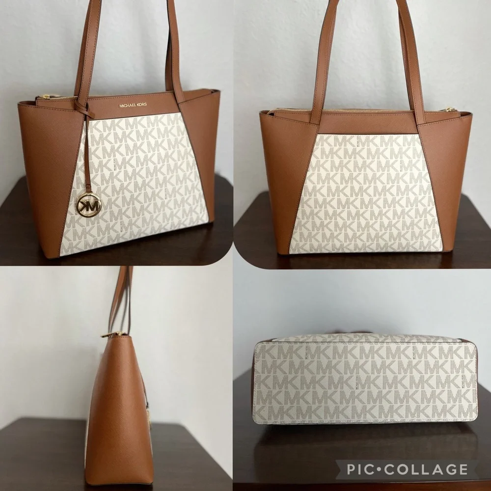 SALE💥💥MICHAEL KORS‎ MADDIE TOTE MEDIUM VANILLA CANVAS/LEATHER SHOULDER BAG